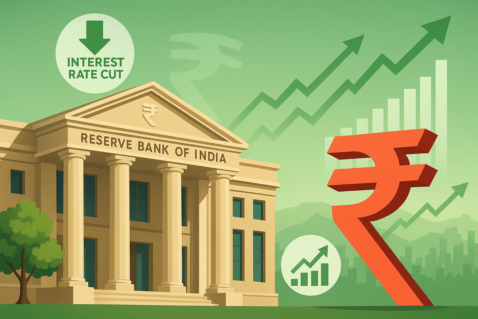 Illustration of the Reserve Bank of India building with a large red Indian Rupee symbol. Financial icons indicate an interest rate cut, and green arrows represent strengthening market sentiment and FII inflows.